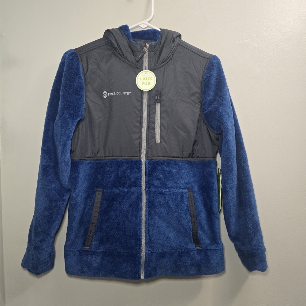 NWT Free Country Youth XL 14/16  Faux Fur Zip Up Hooded Fleece Jacket Blue Black